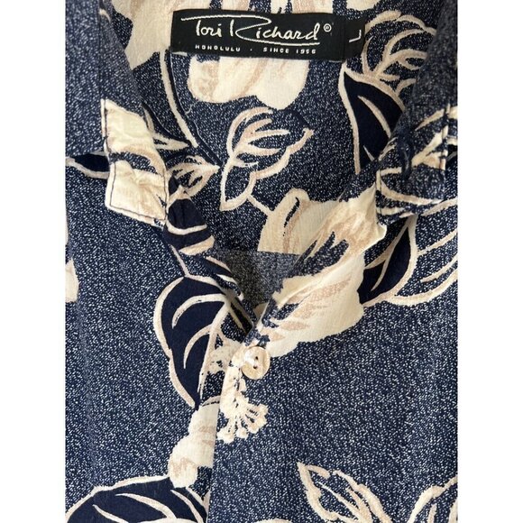 Vintage 90s Tori Richards Mens Size L Navy Hawaiian Shirt MOP Logo Buttons Surf - Picture 9 of 9